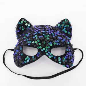 Sequin cat mask for masquerade party, sparkling black cat ears eye mask with elastic band.