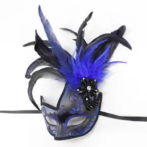 Feather masquerade mask for Halloween party, sexy eye mask with glitter and crystal flower.