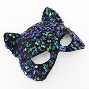 Sequin cat mask detail shot, shining catwoman masquerade eye mask for party and Halloween.