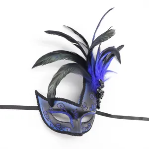 Detailed view of the elegant blue and black feather masquerade mask with glitter lace trim.