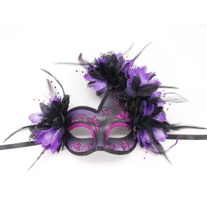 Halloween masquerade masker paars zwart veer kant bloem feest cosplay kostuum rekwisiet