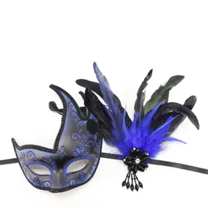 Black and blue feather masquerade mask for Halloween party costume, elegant eye mask.