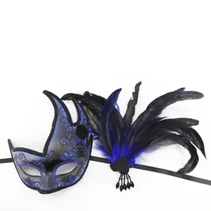 Detailed shot of a black and blue masquerade mask with feathers for Halloween and parties.