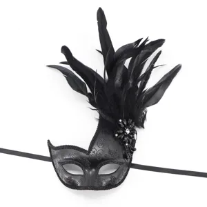 Black feather masquerade mask detail view, elegant party eye mask for Halloween and cosplay.