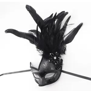Exquisite black feather masquerade mask detail view, perfect for Halloween and costume parties.