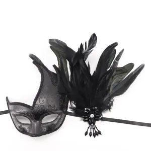 Black masquerade mask detail, feathery design with glitter accents and crystal flower decor.