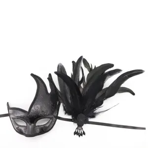 Detailed view of the elegant black masquerade mask with feathery design and satin ribbon.