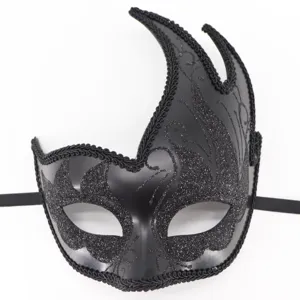 Detail van het zwarte feestmasker met glinsterend patroon en stijlvolle geweven rand.