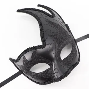 Zwarte maskerade masker detail close-up, glanzend patroon feest oogmasker ontwerp voor Halloween.