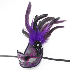 Detailed view of a purple and black feather masquerade mask with glitter details and crystal flower.