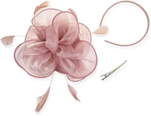 Pink organza fascinator headband and hair clip set with feather accents for elegant party wear.