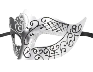 Mascara de plata y negro con patrones de purpurina para fiesta de disfraces de Halloween.