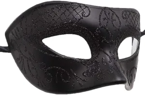 Maschera di carnevale nera con motivi glitterati scintillanti per feste e Halloween.