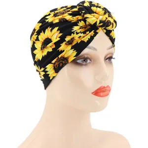 Mujer moda girasol impresión turbante sombrero seda de leche nudo retorcido tocado diario