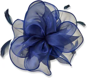 Blue organza fascinator hair clip detail, elegant mesh flower design with feathers for women party.