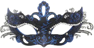 Maschera da ballo in metallo nero e blu con strass scintillanti e dettagli glitterati.
