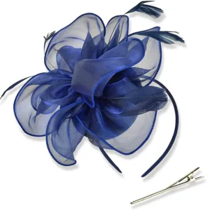 Dark blue organza feather fascinator headband with clip for women party wedding cocktail hat.