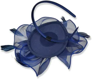 Detailed view of dark blue organza feather fascinator headband for party cocktail wedding.