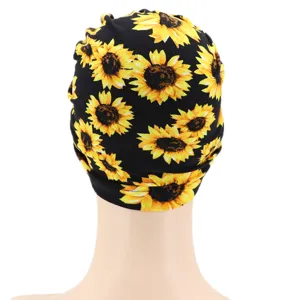 Gorro turbante con estampado de girasol, pañuelo quimioterapia de seda de leche para mujer.