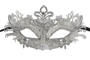 Elegante weiße silberne Maskerade Maske mit Strass und Glitzer für Partys und Events.