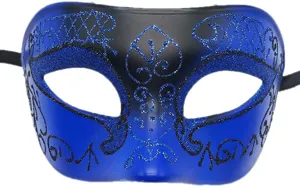 Maschera di carnevale glitterata blu e nera per feste, Halloween e festività.