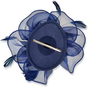 Detailed back view of navy blue organza feather fascinator with secure metal clip attachment.