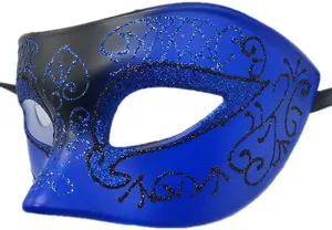 Elegante maschera da ballo in maschera blu e nera con dettagli glitterati per feste.