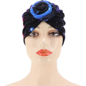 Turbante con estampado de galaxia para mujer, gorro de seda de leche suave con nudo.