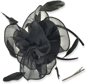 Close-up detail of black organza feather fascinator flower and metal hair clip accessory.