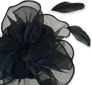 Black organza fascinator detail, elegant mesh petals and feather accent, party wear.