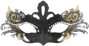 Maschera di carnevale in metallo nero e oro con strass, ideale per feste di Halloween.