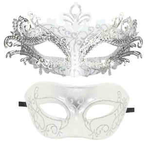 Detailansicht eleganter silberner Glitzer-Masken für Kostümpartys und Halloween Feiern.