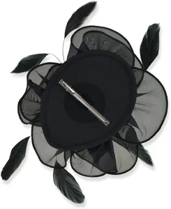 Back detail view of black organza fascinator with secure metal hair clip, ideal for parties.