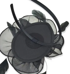 Black organza fascinator headband with feathers for cocktail party and wedding events.