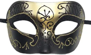 Primo piano dettagliato della texture e dei motivi decorativi di questa maschera nero-oro.
