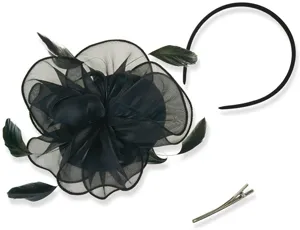 Black organza feather fascinator detail, showing delicate mesh flower and accessory.