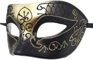 Elegante maschera da ballo in maschera nera e oro con glitter per feste e costumi.