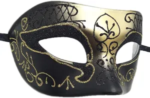 Squisita maschera da ballo in maschera nera e oro con dettagli glitter per feste e Halloween.