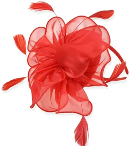 Red organza feather fascinator head headband detail view for party cocktail wedding event.
