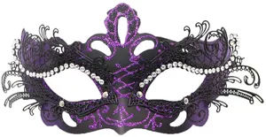 Maschera in metallo nero e viola con glitter e strass, elegante design per feste.