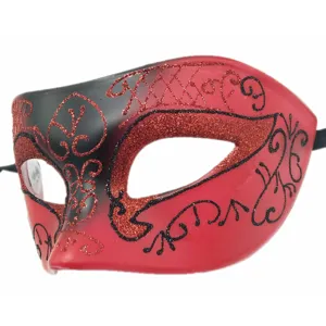 Rot-schwarze Maskenball Maske mit Glitzer und Mustern für Halloween Party und Karneval Kostüm.