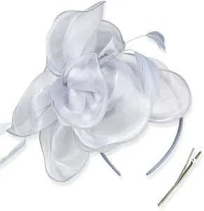 Elegant white organza fascinator hat with feathers, headband and clip for cocktail party events