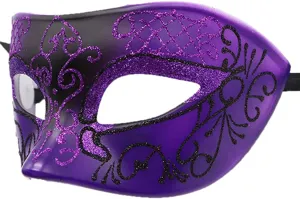 Maschera di carnevale viola e nera con glitter per festa Halloween e travestimento.