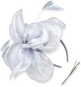Grey organza fascinator headband with feathers and hair clip for women party wedding headwear