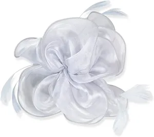 White organza flower fascinator detail view, elegant feather hair accessory for cocktail party.