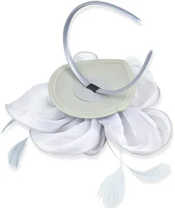 Detail view of white organza feather fascinator headband for cocktail party wedding hat.