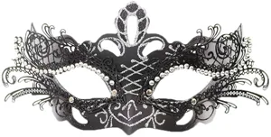 Dettaglio maschera da ballo in metallo nero, intricato design con strass per feste e Halloween.