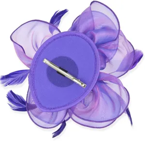 Purple organza feather fascinator hair clip back detail view for party wedding headwear