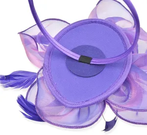 Purple organza fascinator headband with feathers for women party cocktail wedding events.