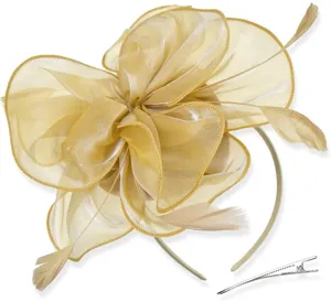 Exquisite champagne organza flower feather hair clip and headband set for party wear.